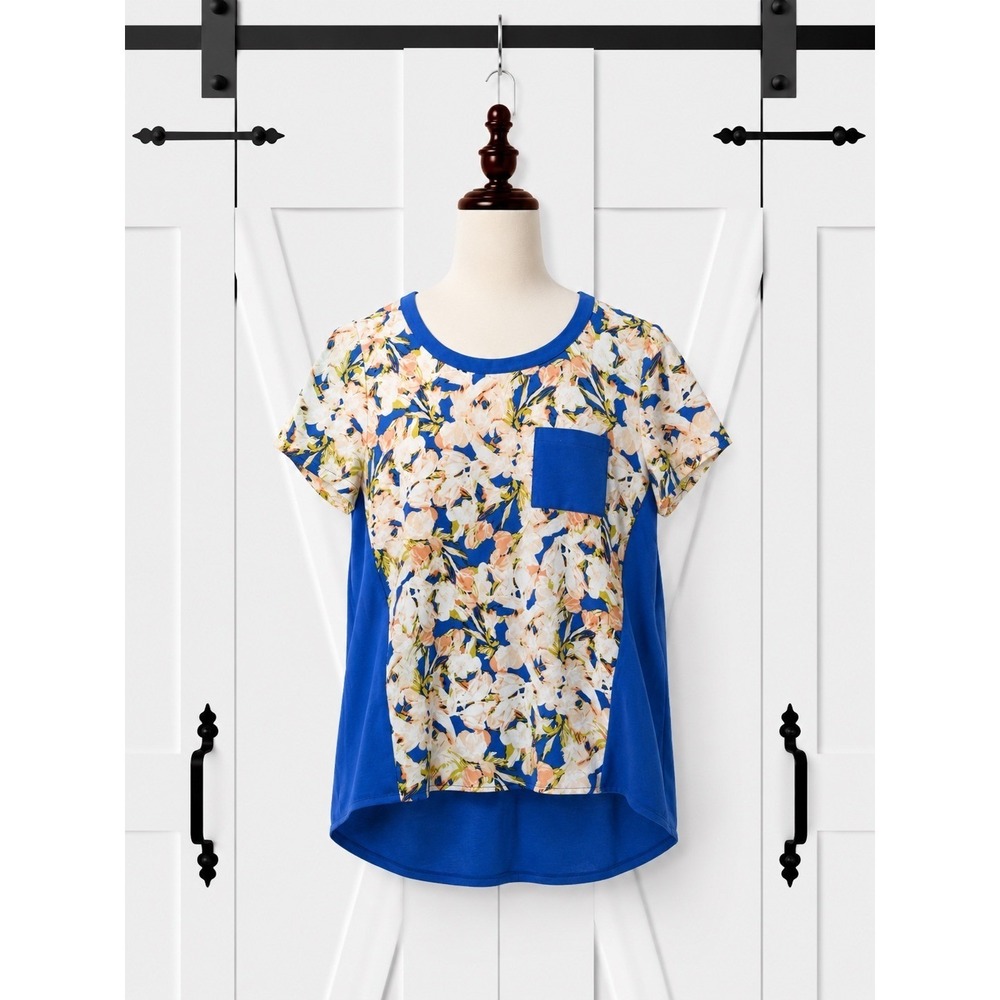 J.Crew Floral Mixed Media Top Women Size XXS Blue Excellent Cap Short Sleeve